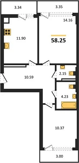 Квартира 2-комн. 58.25 кв. м