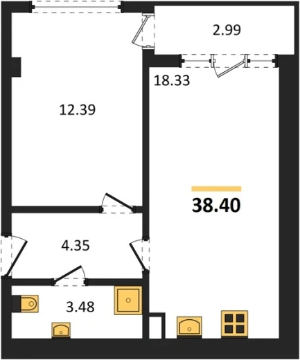 Квартира 1-комн. 38.4 кв. м
