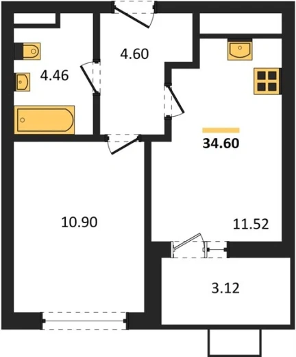 Квартира 1-комн. 34.6 кв. м