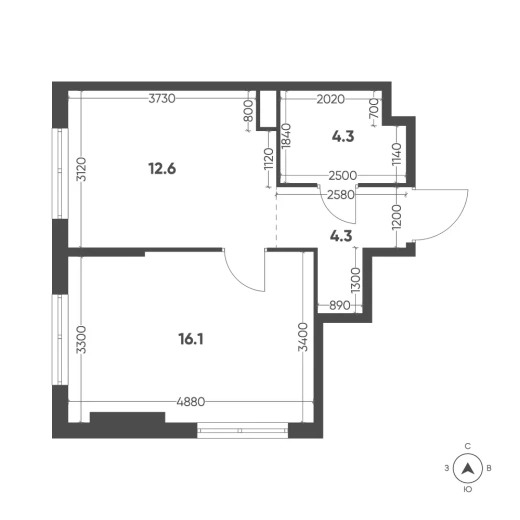 Квартира 1-комн. 37.3 кв. м