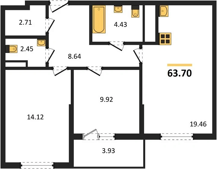 Квартира 2-комн. 63.7 кв. м