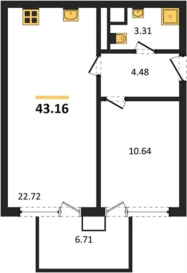 Квартира 1-комн. 43.16 кв. м