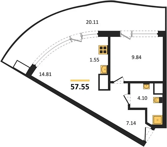 Апартаменты 1-комн. 57.55 кв. м
