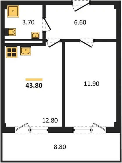 Апартаменты 1-комн. 43.8 кв. м