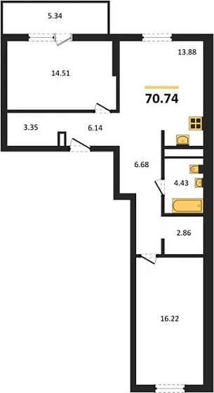 Квартира 2-комн. 70.74 кв. м