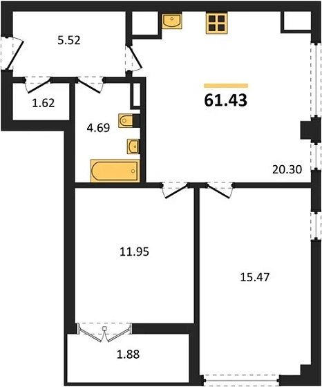 Квартира 2-комн. 61.43 кв. м