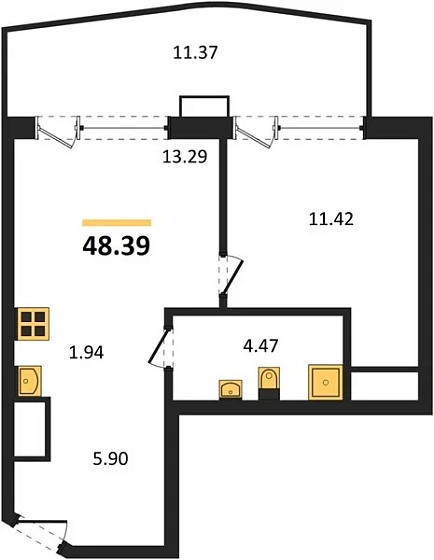 Апартаменты 1-комн. 48.39 кв. м