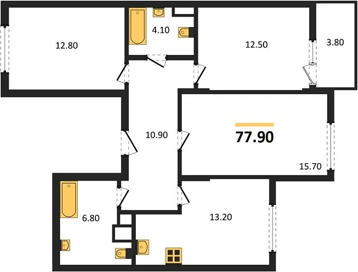 Квартира 3-комн. 77.9 кв. м