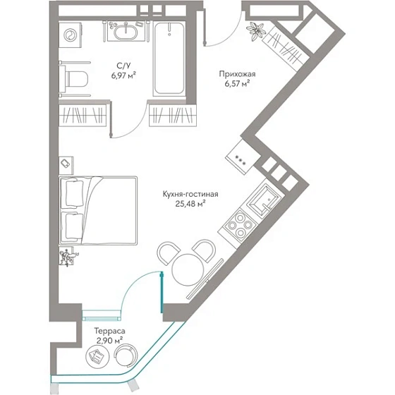 Апартаменты 1-комн. 41.92 кв. м