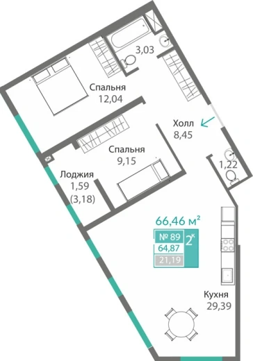 Квартира 2-комн. 64.87 кв.м