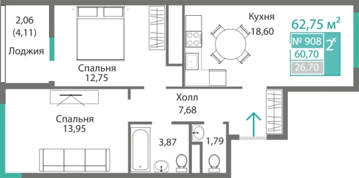 Квартира 2-комн. 60.7 кв.м