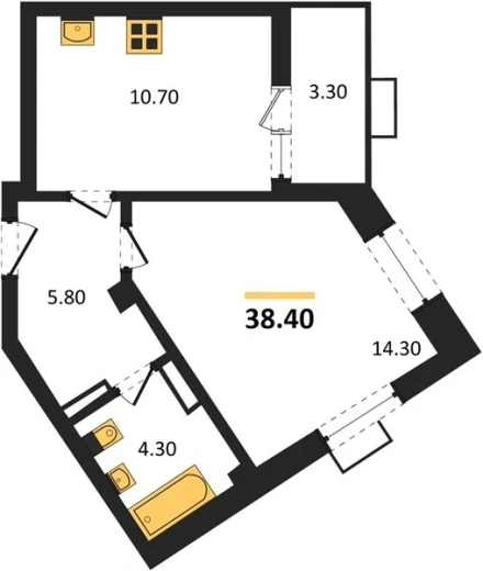 Квартира 1-комн. 38.4 кв. м