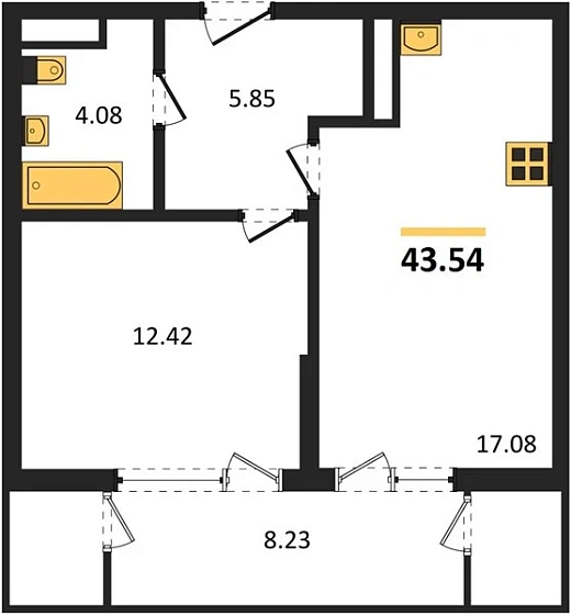 Квартира 1-комн. 43.54 кв. м