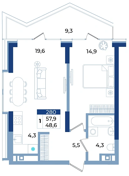 Апартаменты 1-комн. 57.9 кв.м