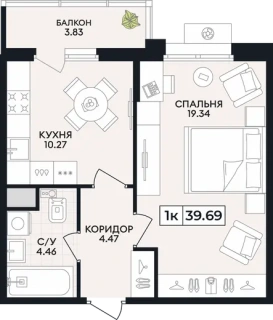 Квартира 1-комн. 39.69 кв. м