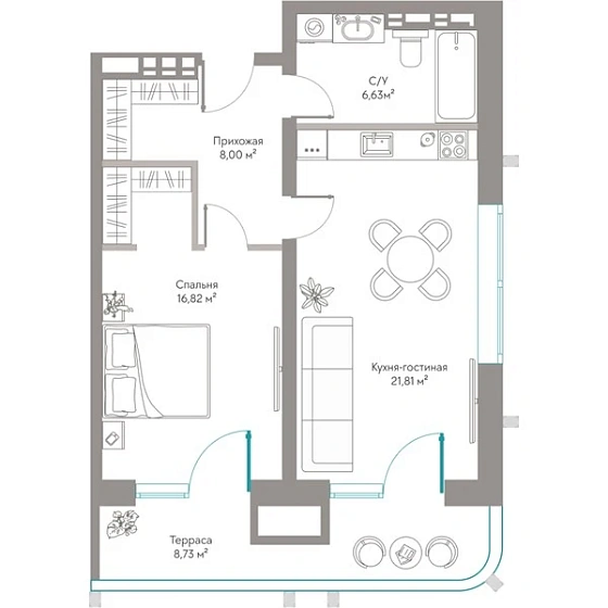 Квартира 1-комн. 61.89 кв. м