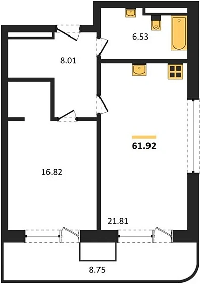 Апартаменты 1-комн. 61.92 кв. м