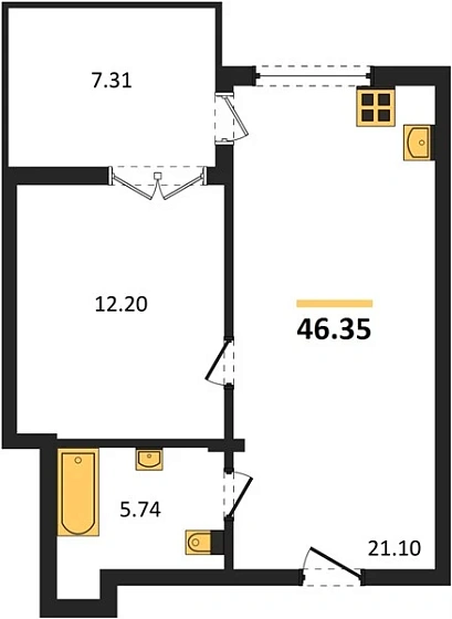 Квартира 1-комн. 46.35 кв. м