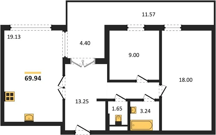 Квартира 2-комн. 69.94 кв. м