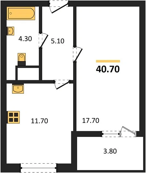 Квартира 1-комн. 40.7 кв. м