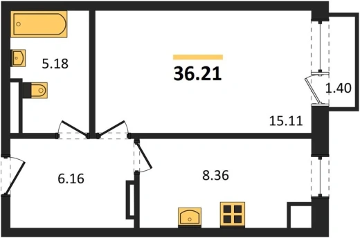 Квартира 1-комн. 36.3 кв. м