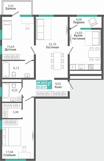 Квартира 3-комн. 99.28 кв.м