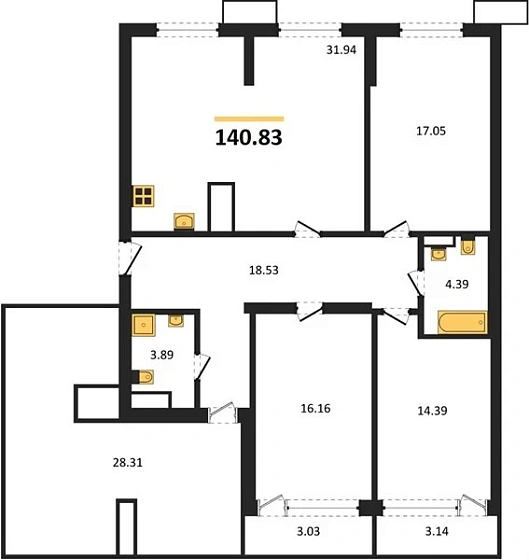 Квартира 3-комн. 140.83 кв. м