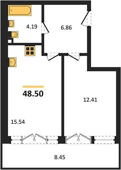 Квартира 1-комн. 48.5 кв. м