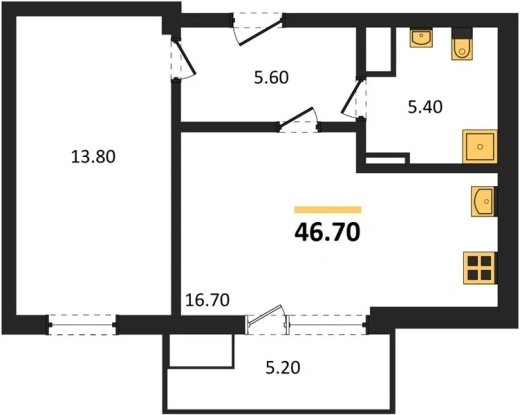 Квартира 1-комн. 46.7 кв. м
