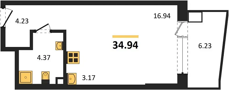 Апартаменты 1-комн. 34.94 кв. м