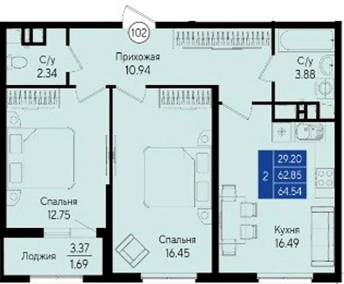 Квартира 2-комн. 64.54 кв. м