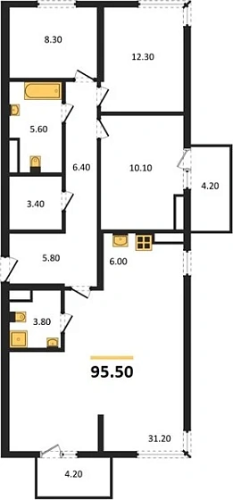 Квартира 3-комн. 95.5 кв. м