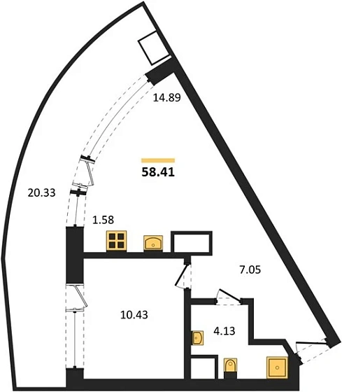 Апартаменты 1-комн. 58.41 кв. м