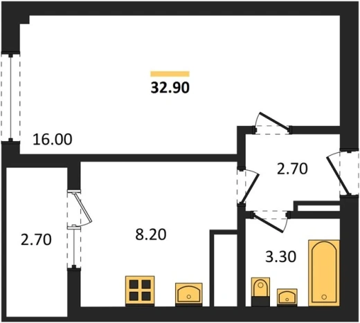 Квартира 1-комн. 32.9 кв. м