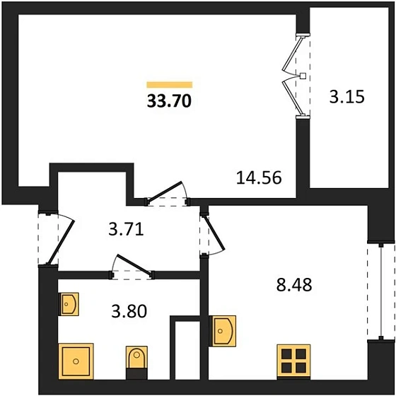 Квартира 1-комн. 33.7 кв. м
