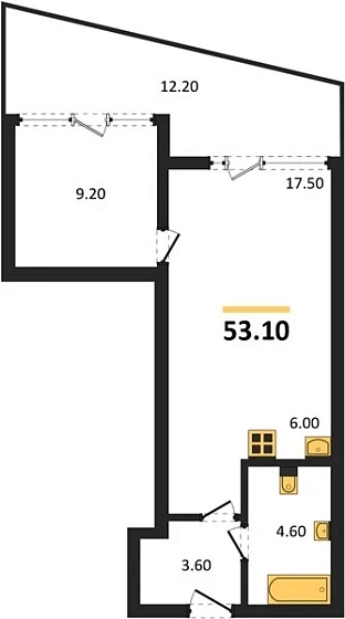 Квартира 1-комн. 53.1 кв. м