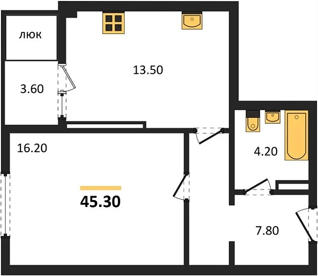 Квартира 1-комн. 45.3 кв. м