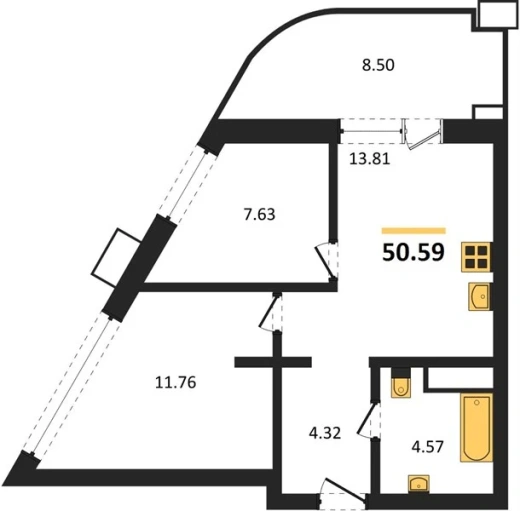 Апартаменты 2-комн. 50.59 кв. м