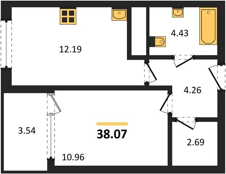 Квартира 1-комн. 38.07 кв. м