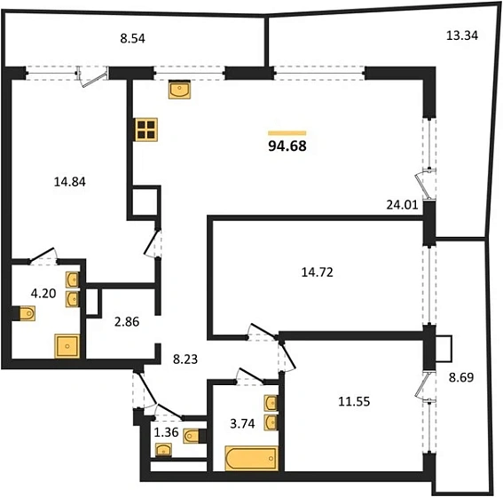 Квартира 3-комн. 94.68 кв. м
