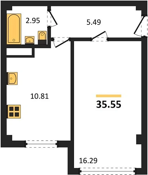 Квартира 1-комн. 35.55 кв. м