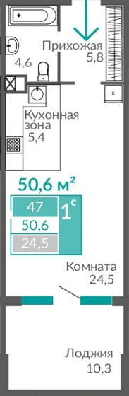 Апартаменты 1-комн. 50.6 кв.м