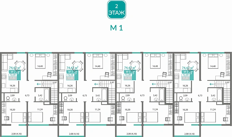Квартира 3-комн. 72.39 кв.м