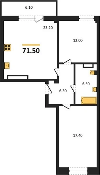 Квартира 2-комн. 71.5 кв. м