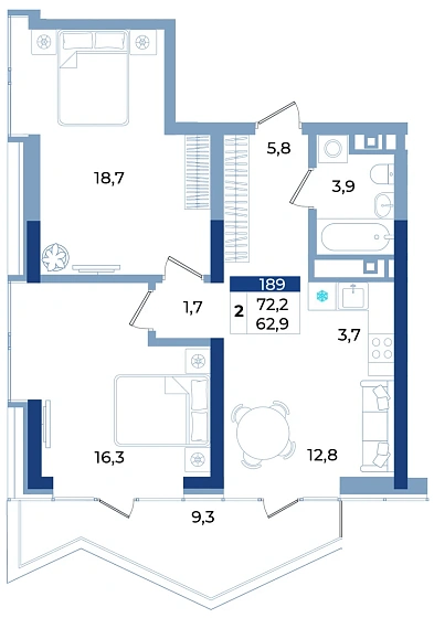 Апартаменты 2-комн. 72.2 кв.м