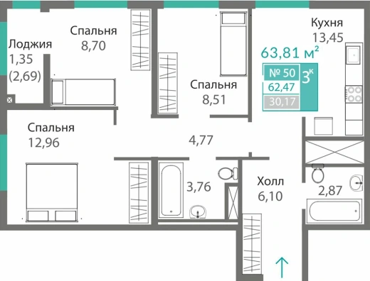 Квартира 3-комн. 62.47 кв.м