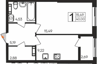 Квартира 1-комн. 40 кв. м