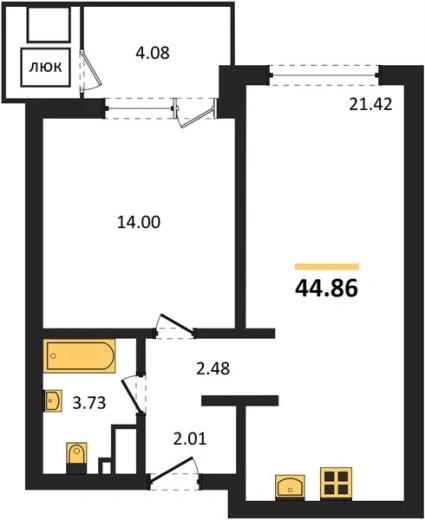 Квартира 1-комн. 44.86 кв. м