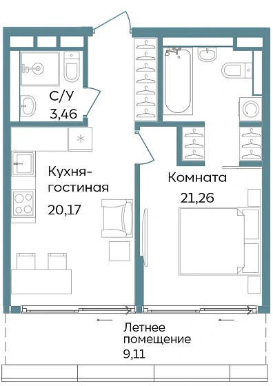 Апартаменты 2-комн. 54 кв. м