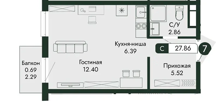 Квартира Студия 27.86 кв. м